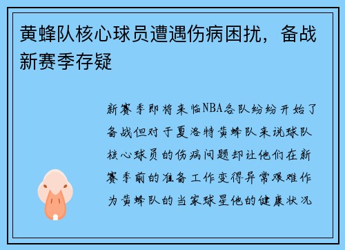 黄蜂队核心球员遭遇伤病困扰，备战新赛季存疑