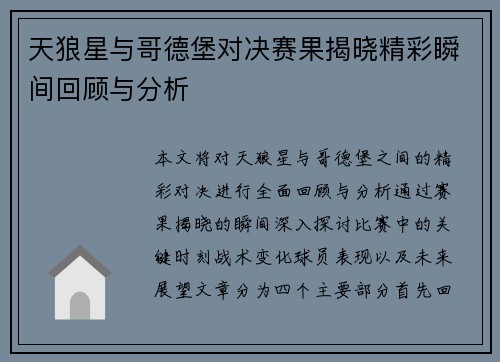 天狼星与哥德堡对决赛果揭晓精彩瞬间回顾与分析
