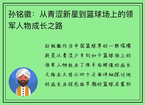 孙铭徽：从青涩新星到篮球场上的领军人物成长之路